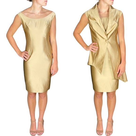 ELLA ZAHLAN GOLD OFF THE SHOULDER BATEAU NECK SLEEVELESS VEST SHEATH DRESS SET - Picture 1 of 16
